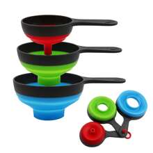 Juego de 3 piezas que incluye: Embudo de enlatado para frascos anchos y regulares, Cuchara medidora con escala, Embudos de boca ancha Set de 3, Grandes para tarros Mason, Accesorios de cocina de silicona plegables para transferir mermelada, jugo, especias y aceite