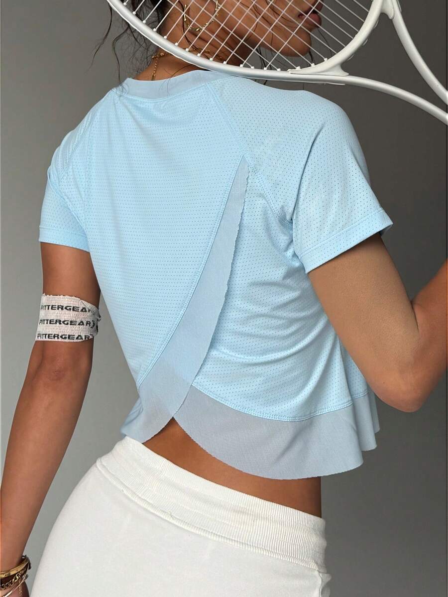 极简主义郁金香背部瑜伽 T 恤 - 女士柔软弹力短袖上衣，适合健身房和休闲