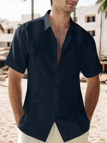hoteel Mens Cotton Linen Guayabera Shirts Casual Button Up Short Sleeve Summer Beach Shirt - 藏青色 - 查看 3