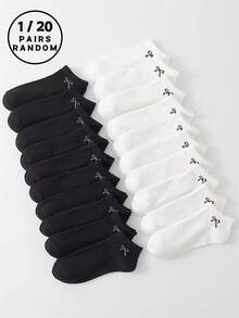 1 Pair/20 Pairs Assorted Bow Tie Pattern Flat Low-Cut Socks, Suitable For Outdoor Sports, Fitness, Daily Wear, Minimalist Japanese Style, Versatile For Sneakers, Dress Shoes, Platform Shoes, Business Commute, Hiking, Unisex, Soft, Breathable, Moisture-Wicking, Odor-Resistant For Men And Women, Campus Sportswear - Black and White - View 1