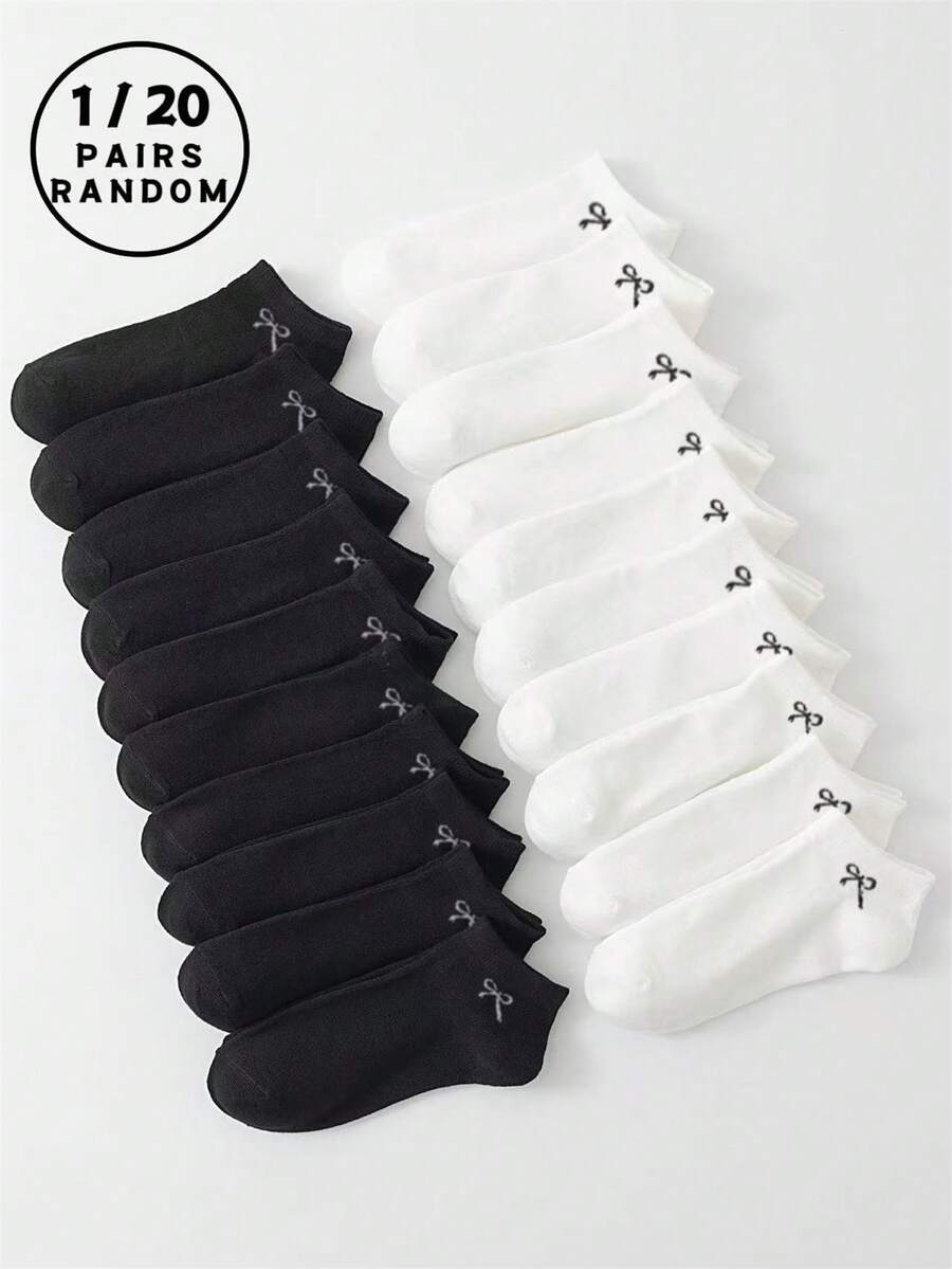 1 Pair/20 Pairs Assorted Bow Tie Pattern Flat Low-Cut Socks, Suitable For Outdoor Sports, Fitness, Daily Wear, Minimalist Japanese Style, Versatile For Sneakers, Dress Shoes, Platform Shoes, Business Commute, Hiking, Unisex, Soft, Breathable, Moisture-Wicking, Odor-Resistant For Men And Women, Campus Sportswear - Black and White - View 1