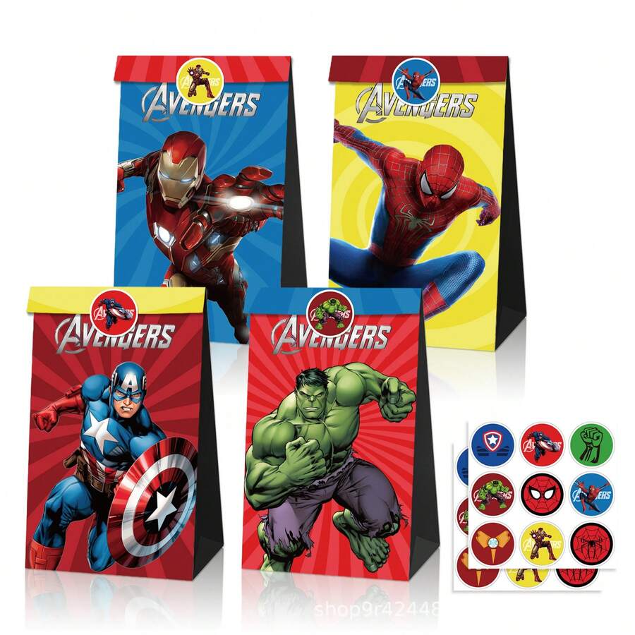 Set de 6 bolsas de regalo con temática de héroes de Avengers + Set de 9 stickers, incluyendo Spiderman, Iron Man, , bolsas de regalo multifuncionales para fiestas, bolsas de papel kraft selladas, adecuadas para cumpleaños, bodas, ceremonias de graduación, celebraciones festivas | Diseñado con cuidado, sin necesidad de energía, perfecto para regalar a amigos regalos de días festivos, regalos de cumpleaños, regalos para fiestas, Navidad, Pascua, Acción de Gracias, regalos de graduación - Multicolor - Ver 1