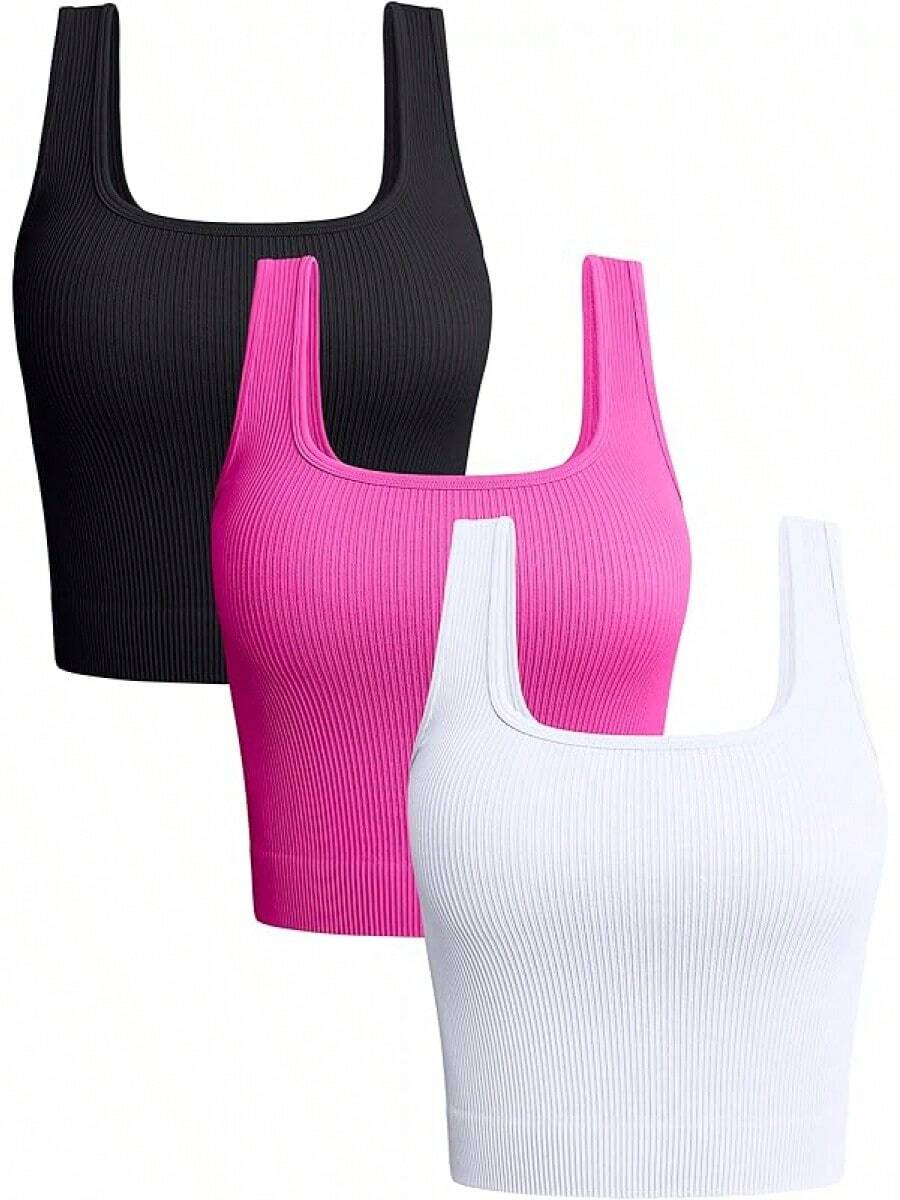 OQQ Women's 3 Piece Tank Tops Ribbed Seamless Workout Exercise Shirts 2025 Summer Basic Camis - Black Rose White - View 1