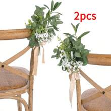 Artificial Flowers With Tulle Ribbon Lavender Eucalyptus Leaves Arrangement, Wedding Ceremony Chair Back Floral Decor For Reception Church Party Outdoor