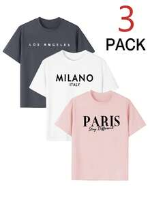 Conjunto de tres piezas de camiseta de cuello redondo casual con estampado para niñas, de manga corta, para el verano, ropa para estudiantes y niños pequeños - ¡Las camisetas coloridas traen alegría y felicidad a cada niño! Ropa para niñas, camisetas gráficas, tops de verano, ropa para niñas preadolescentes - Rosa - Ver 2