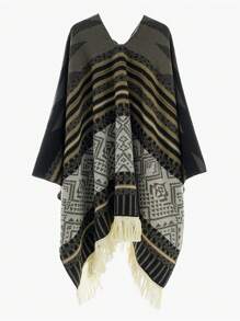 1pc Men's Striped Totem Travel Wrap Shawl With Tassels, Warm Patterned Poncho For Photography & Casual Wear