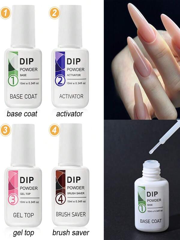 4 Flaschen/Set Tauchpulver Flüssigkeitsset, 4 Stücke je 10ml/0,35 Unzen Tauchpuder-System mit Foundation/Versiegelung/Aktivator/Pinsel Reiniger für Nail Art DIY Salon