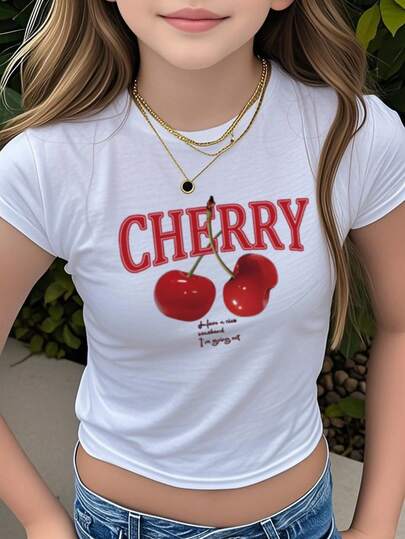 1 件女童休闲印花圆领短袖短款 T 恤，夏季学生年轻服装 - 彩色字母、美味樱桃、艺术风格 T 恤激发想象力和自我表达，婴儿 T 恤 Y2K 女孩