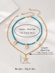 2pcs/Set Boho Style Beaded Seashell & Starfish Pendant Necklace Set For Women - Yellow Gold - View 5