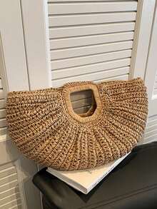 1pc New Khaki Large Capacity Handbag, Tote Bag, Woven Bag, Fan-Shaped Straw Bag, Crescent Handbag, Suitable For Travel, Vacation, Beach