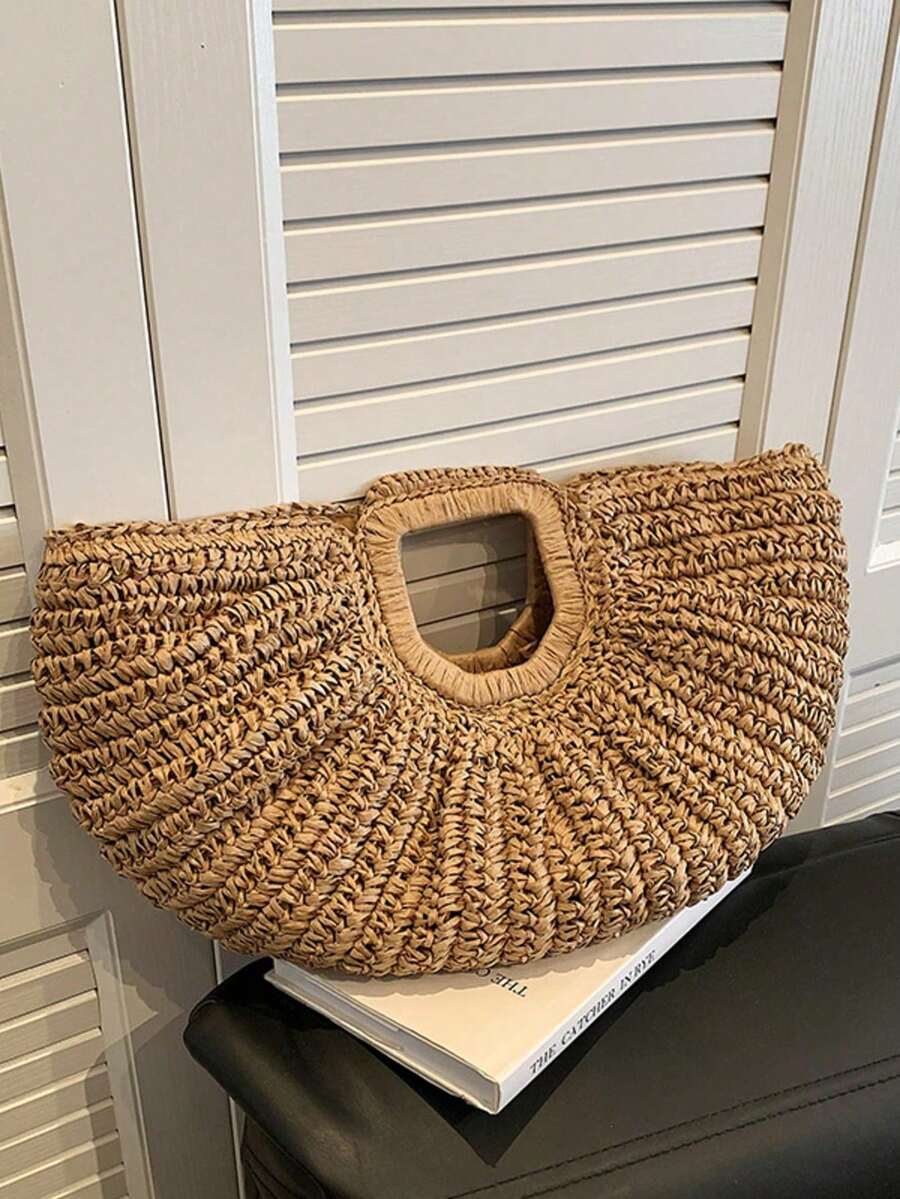 1pc New Khaki Large Capacity Handbag, Tote Bag, Woven Bag, Fan-Shaped Straw Bag, Crescent Handbag, Suitable For Travel, Vacation, Beach
