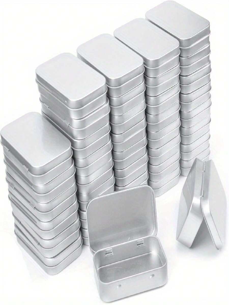 2/4/12pcs Silver Metal Rectangular Hinged Jars - Empty, Portable Storage Kit For Drawing Pins, Candies, Jewelry & Crafts - Durable, Versatile, Aesthetically Home Organizer With Easy-Access Hinged Lids,Suitable For Home Desktop Decoration, Party Small Gift Items, Suitable For Daily And Holiday Desktop Scene Storage And Layout