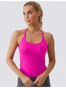 Workout Tops Women With Built In Bra, Sleeveless Gym Tops Seamless Racerback Athletic Yoga Shirts, Activewear - 玫紅色 - 查看 5