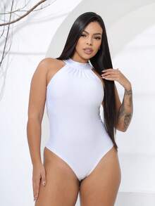WOMEN'S BODYSUIT WITH JOGGER NECK Simple Casual With Beads HIGH NECK - trắng - Xem 3