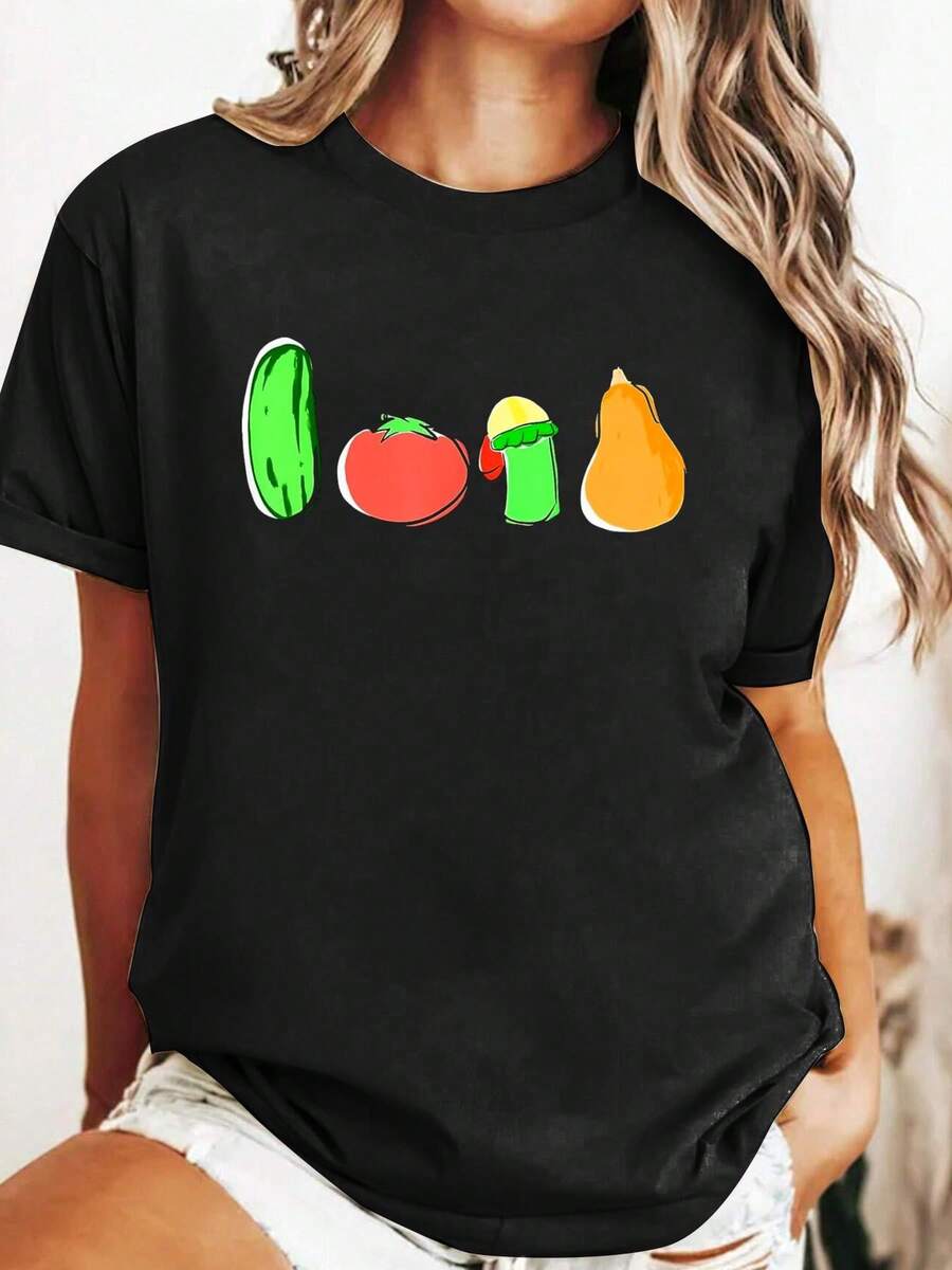 Summer Cotton T Shirt VeggieTales Minimalism T-Shirt Graphic Tees Tops Shirts For Women - Black - View 1