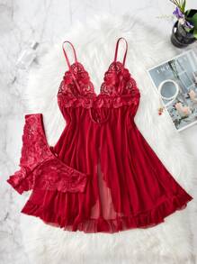 Plus Size Sexy Lace & Mesh Panel Front Slit Ruffle Hem Front Button Up Camisole Dress Set
