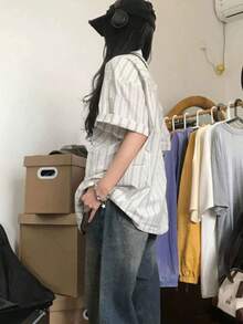 女式复古格子短袖纽扣衬衫，休闲设计宽松夏季上衣 - 藍色 - 查看 5