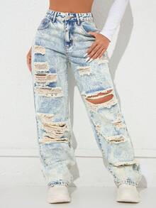 Jeans rectos de cintura alta con bolsillos laterales y abertura, estilo vintage Y2K, casual, color blanco, para primavera - Blanco - Ver 6