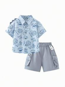 mini bala 男童短袖套装婴儿透气可爱恐龙衬衫短裤两件套