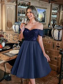 Faeriesty Elegant Off-Shoulder Sequined A-Line Dress - Flattering Silhouette For Weddings, Garden Parties, Proms & Evening Events - Navy Blue - View 5