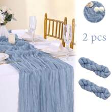 2pcs Misty Blue Herringbone Table Runner, Bohemian Style Table Runner 35 X 118 Inches(Approx. 90 X 300cm), Vintage Gauze Table Decor, Suitable For Wedding, Bridal Shower, Baby Shower