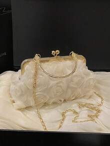 2025 Spring/Summer White Romantic Wedding Season 1pc White Pearl Net Flower Clasp Handbag, Elegant Women's Luxury Formal Dress Evening Bag, Bridal Wedding Party Clutch, 3D Floral Design Shell Clip Bag, Spring New Gift For Girlfriend, Wife, Bridesmaids