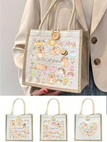 1pc Large Capacity Kapiba Handle Bag, Stylish And Unique Minimalist Design, Comfortable And Beautiful Touch With High Texture, Button Closure, Perfect For Shopping And Matching Clothes, And Giving Gifts To Family And Friends. - A31 Buffalo Big Flower White - View 2