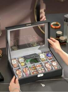 1pc Multifunctional Desktop Watch Storage Box For Men Women Mechanical Watch Organizer, Black Watch Case, Dustproof, Waterproof, Scratchproof, Suitable For Collecting And Displaying Watches, Rings, Earrings, Necklaces, Bracelets And Other Jewelry Back To School