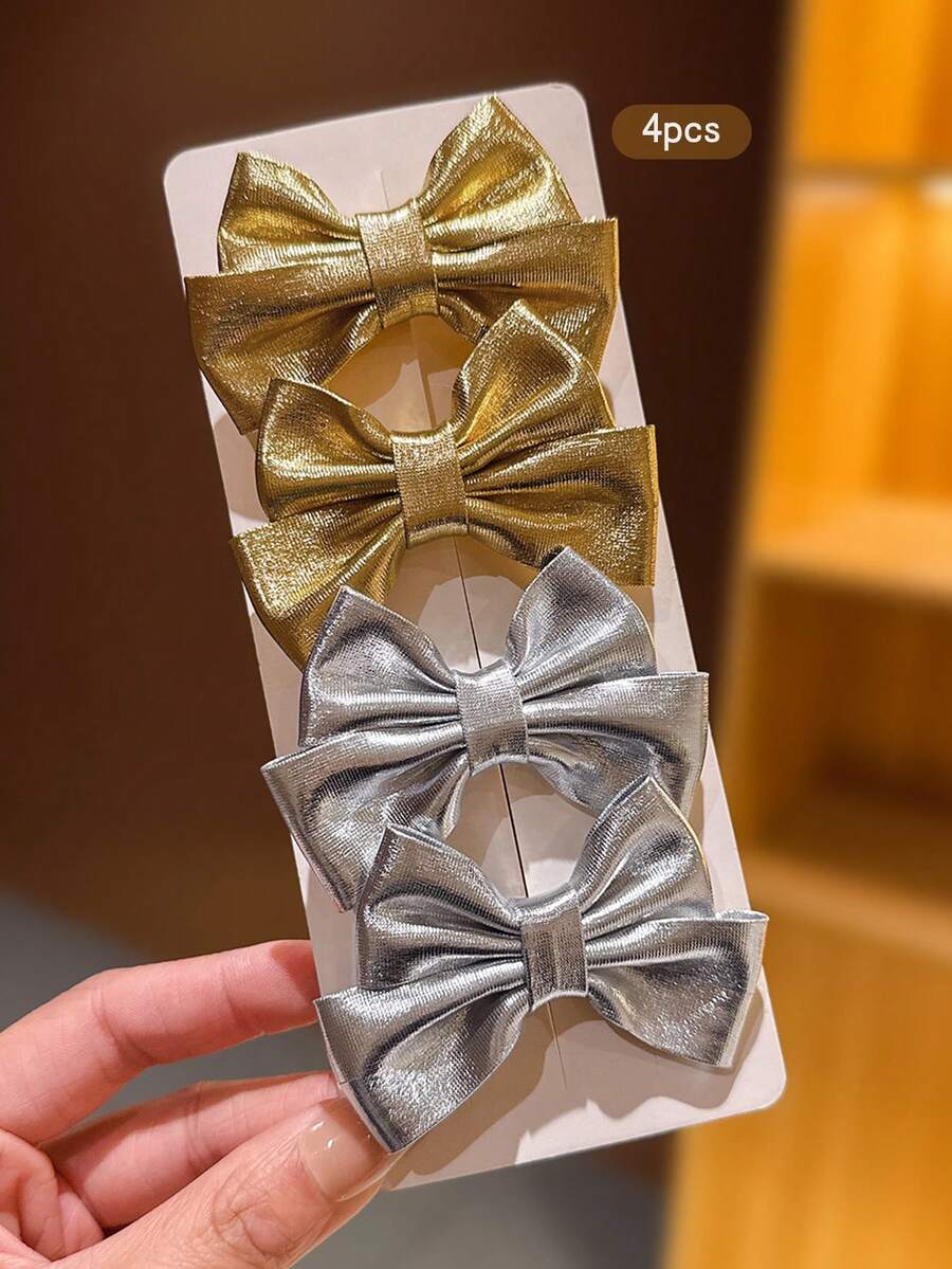 4pcs Gold + Silver Bowknot Hairpins, Cute & Sweet Style Hair Accessories For Girl