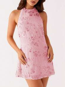 Women Floral Print Halter Neck Backless Mini Dress Summer Elegant Y2K Sequin A-Line Waist Slim Sundress - 粉色 - 查看 4