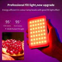 1 pieza Luz de relleno para teléfono móvil, 90 LED de alta potencia recargable con clip, luz de fotografía de colores RGB M140, luz de selfie de tres colores M140, luz de video recargable portátil, luz LED con clip, ajuste de ángulo de 360°, adecuada para teléfono móvil, cámara, computadora portátil, tableta, selfie, videoconferencia, iluminación, maquillaje, selfie, vlog, 1800mAh.