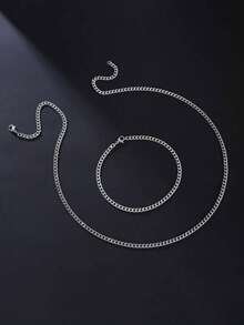 1 Set Men Hip Hop Minimalist Chain Bracelet And Necklace, Stainless Steel Chain Jewelry Set - Bạc - Xem 2