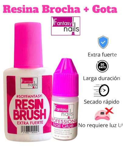Kit Pegamento resina Brocha + Pegamento Resina en gota para uñas 3g cada una Fantasy  Nails