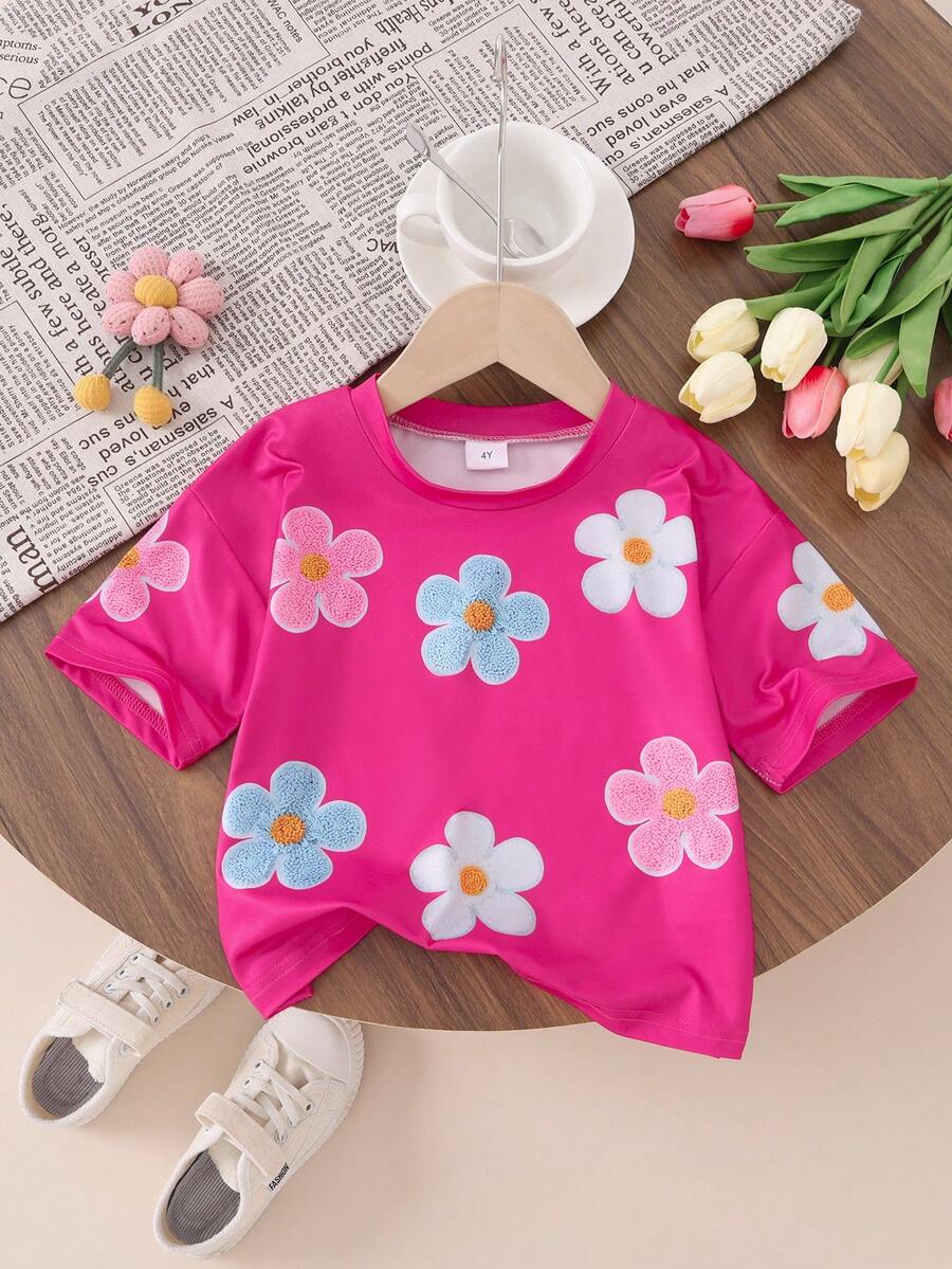 1 件女童 3D 花卉印花白色 T 恤，短袖上衣，适合 4-7 岁，夏季