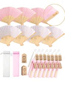 30/15/3件粉色/白色丝绸木质折扇感谢卡套装（含礼品袋）、感谢卡、新娘竹制手持折扇、单身派对婚礼新娘送礼会装饰品、伴娘竹制手持折扇、单身派对拍照道具、伴娘礼物、婚礼装饰品、完美的婚礼礼物、单身派对装饰品和新娘送礼会配件、派对和活动的理想之选、完美的夏季配饰