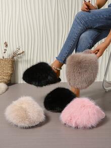 2025 女士蓬松一脚蹬拖鞋，四季室内/室外防滑毛茸茸家居鞋，带保暖衬里 - 黑色 - 查看 3