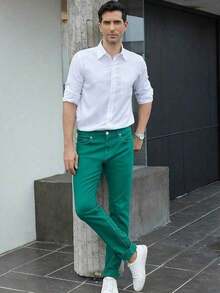 TEGIAS Mens Slim Fit Stretch Jeans Classic Comfort Regular Fit - Green - View 6