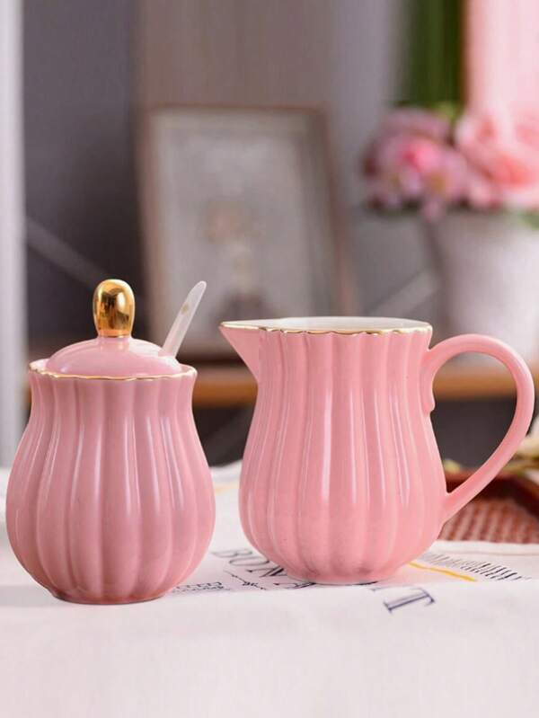 1 Set Ceramic Sugar Bowl And Creamer Set With 1 Spoon, Elegant Line Design, Unique Shape, Gold Trim, Suitable For Cafe, Coffee Accessories, Tea Houses, Parties, Kitchen Decor, Pink/Purple/White, Dishwasher Friendly, Valentine's Day/Birthday Gift, Oven, Dishwasher, Sterilization Cabinet, Everyday Surprise, Holiday Gift