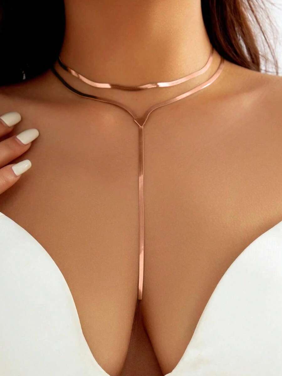 V-Shaped Layered Tassel Necklace, Minimalist Design, Long Length - Silver - View 1