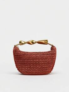 夏季新款女士手提包，金属手柄迷你斜挎拉链休闲时尚编织包