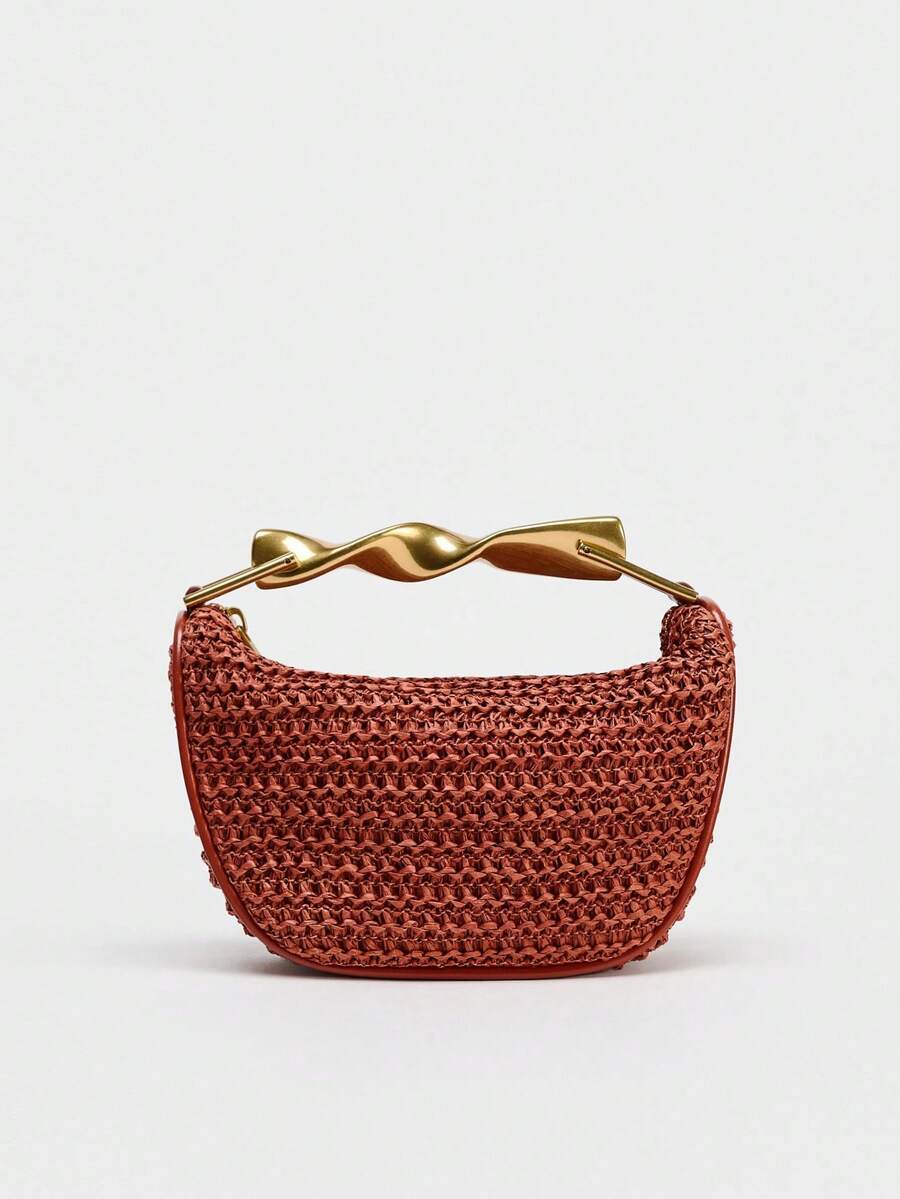 夏季新款女士手提包，金属手柄迷你斜挎拉链休闲时尚编织包