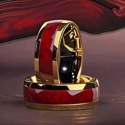 1 Piece Of Women's 8mm Bohemian Style Stainless Steel Wedding Engagement Ring With Red Garnet Pattern Inlay, Comfortable Fit, Fashionable And Versatile, Suitable For Parties, Weddings, Anniversary Jewelry