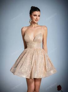 Elegant Backless Sequin Mini Dress With Delicate Spaghetti Straps - Formal Evening Gala Dress, Red Carpet Events, Luxury Wedding Guest Attire, Black-Tie Galas, And Upscale Party Wear, Prom Dress