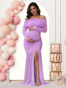 JustVH Maternity Long Sleeve Off Shoulder Dress Solid Color Mesh Paneled Split Hem Gown For Baby Shower Photoshoot Party - Violet Purple - View 1