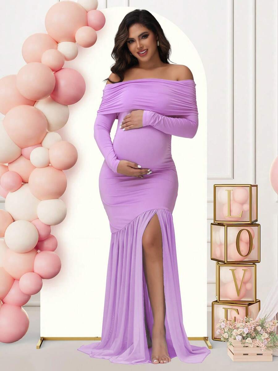 JustVH Maternity Long Sleeve Off Shoulder Dress Solid Color Mesh Paneled Split Hem Gown For Baby Shower Photoshoot Party - Violet Purple - View 1