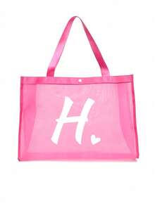 Túi lưới đi biển in chữ cái A-Z và hình trái tim, túi xách đi biển gấp gọn, dung tích lớn, nhẹ, chất liệu lưới, trong suốt, thích hợp để đựng đồ đi biển và mua sắm, túi vuông, túi xách tay, túi đeo vai, túi lưới. - Hồng - Xem 18