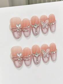 10 Peças Unhas Postiças Olhos de Gato Rosa com Strass, Naturais e Inquebrável, Simples de Usar para Decoração de Unhas DIY, Unhas Adesivas, Suprimentos de Unhas