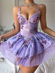 2pcs Women's Sexy Slip Dress Set, Elegant Purple Spaghetti Strap Dress With 3D Butterfly Decor, Adjustable Spaghetti Straps, V-Neck Nightgown With Asymmetrical Mesh Stitching Dress, Backless Camisole Lingerie,Suitable For Music Festival,Nightclub,Date, Rave For Going Out - Purple - View 6