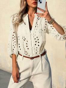 Womens Eyelet Blouse Deep V Neck 3/4 Balloon Sleeve Cotton Button Down Shirt - 白色 - 查看 2