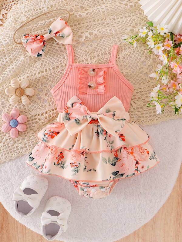 2pcs Baby Girls Floral Layered Ruffled Patchwork Romper Dress With Bow Decoration, Cinched Waist, & Matching Headband/Hair Tie, Summer Countryside Style